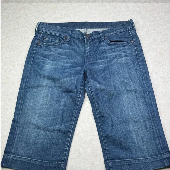 7 For All Mankind Denim Bermuda DOJA Jeans Dark Wash Capri Knee Shorts Size 30 - Picture 1 of 9